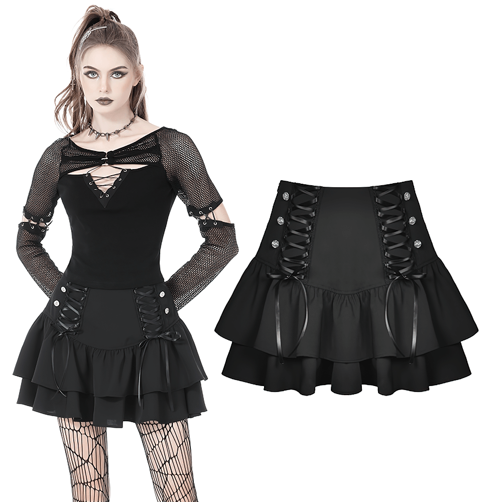 Women's dark goth layered mini skirt with lace-up details and ruffled design, perfect for edgy fashion lovers.