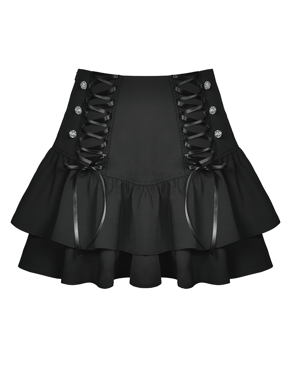 Dark goth layered mini skirt with lace-up details and ruffles, perfect for alternative fashion lovers.