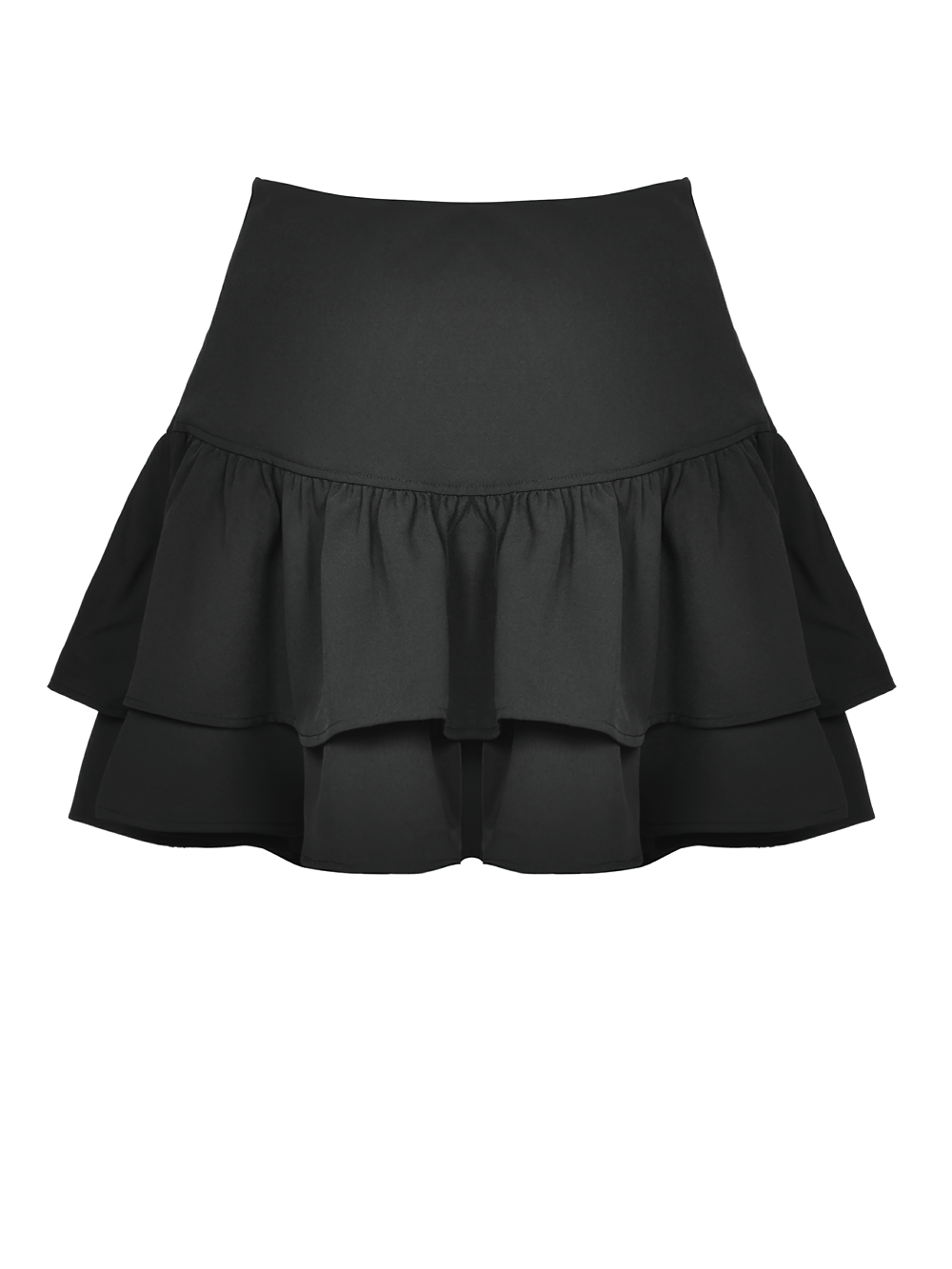 Dark goth layered mini skirt with ruffled design and lace-up details, perfect for alternative fashion lovers.