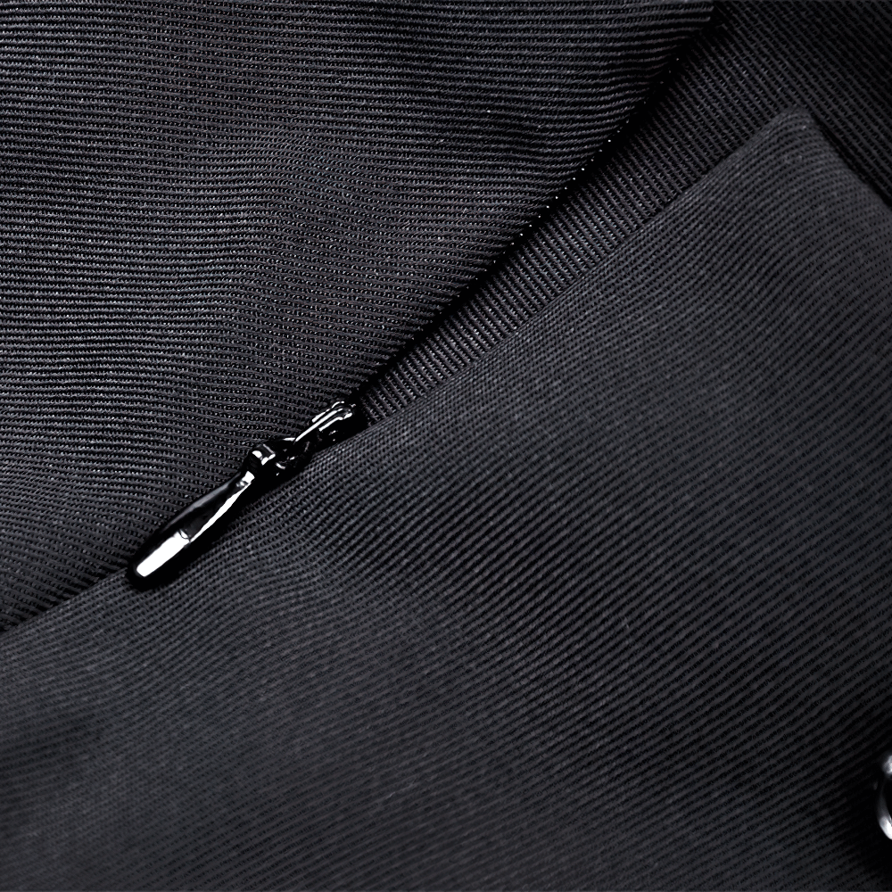 Close-up of a black mini skirt showing ribbed fabric and zipper detail, perfect for gothic fashion enthusiasts.
