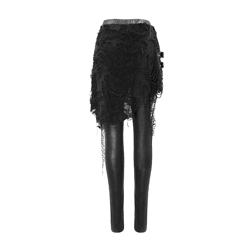 Women's black leggings with torn asymmetrical skirt - gothic style clothing for a trendy look.