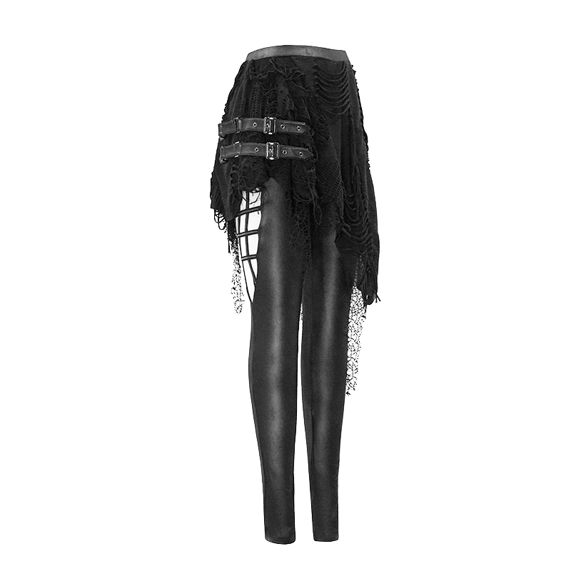 Gothic women's black leggings with asymmetrical layered skirt and torn details for a trendy look.