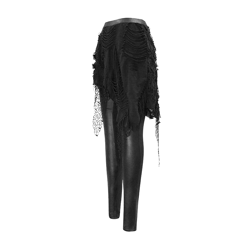 Women's black leggings with torn asymmetrical skirt, ideal for gothic style outfits.