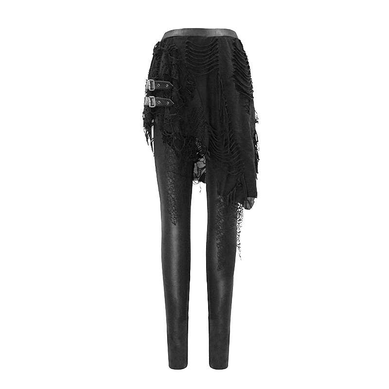 Gothic women's black leggings with torn layered asymmetrical skirt and stylish buckle details.