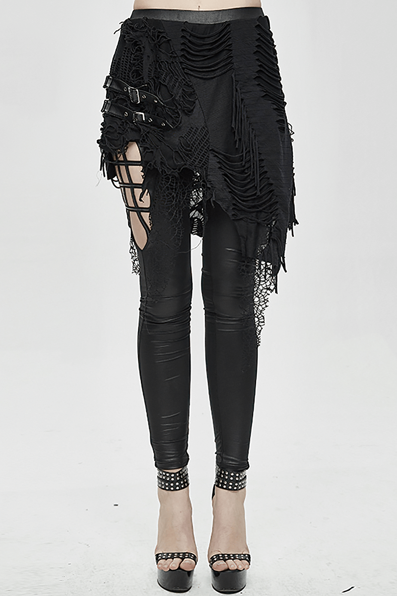 Women's Gothic leggings with asymmetrical skirt, torn and destroyed detail, perfect for edgy street style.
