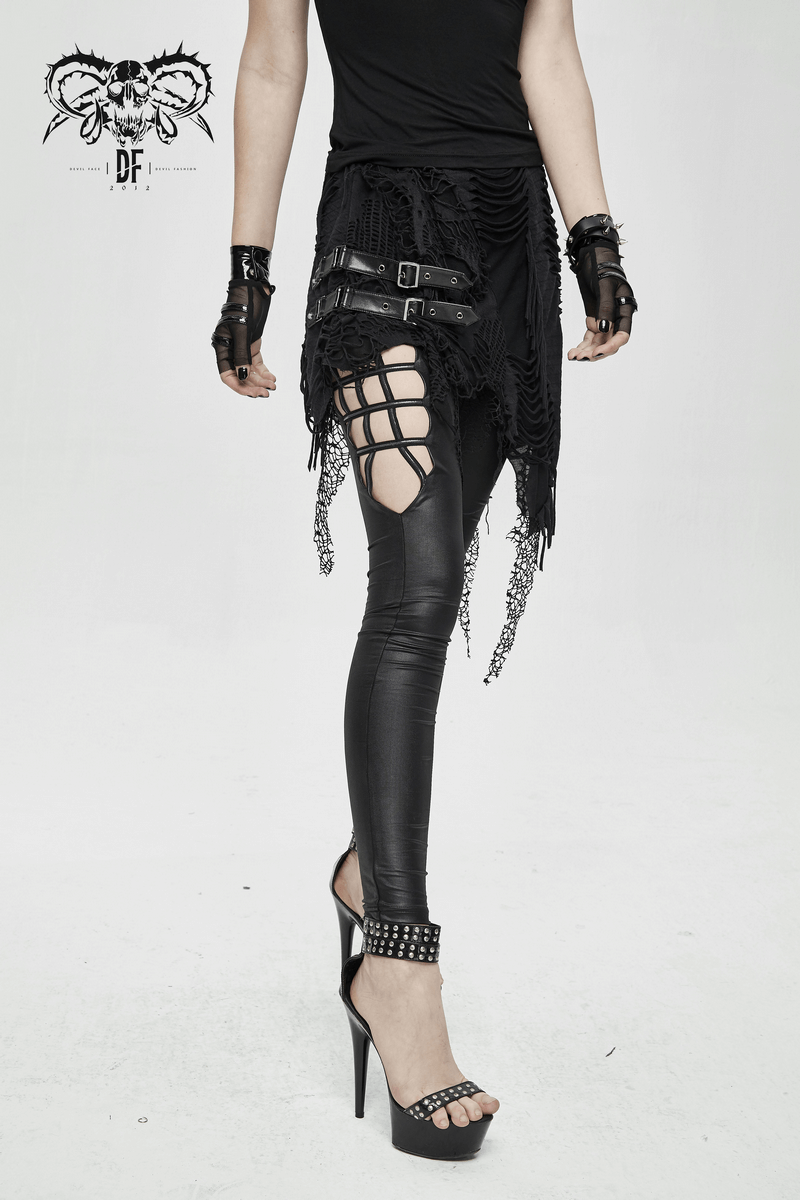 Trendy women's gothic leggings with asymmetrical skirt, torn details, and stylish high heels.