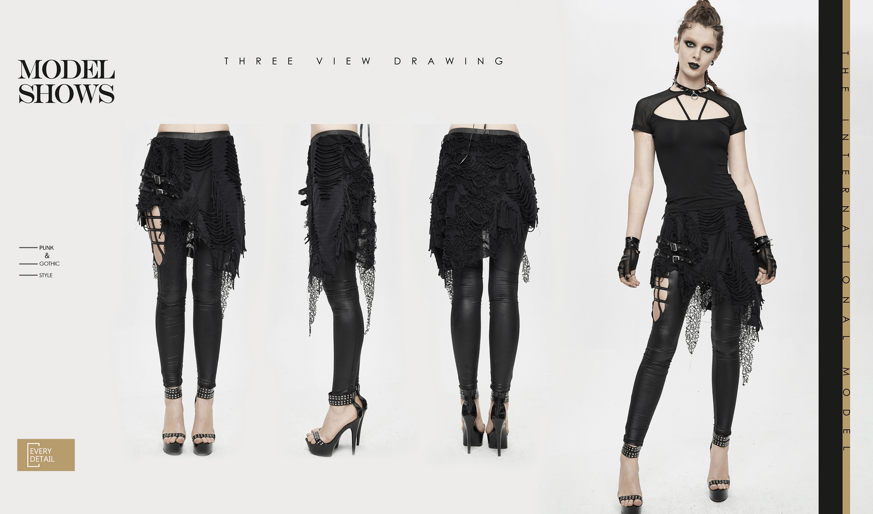 Trendy women's gothic leggings with asymmetrical layered skirt, showcasing three views for style inspiration.