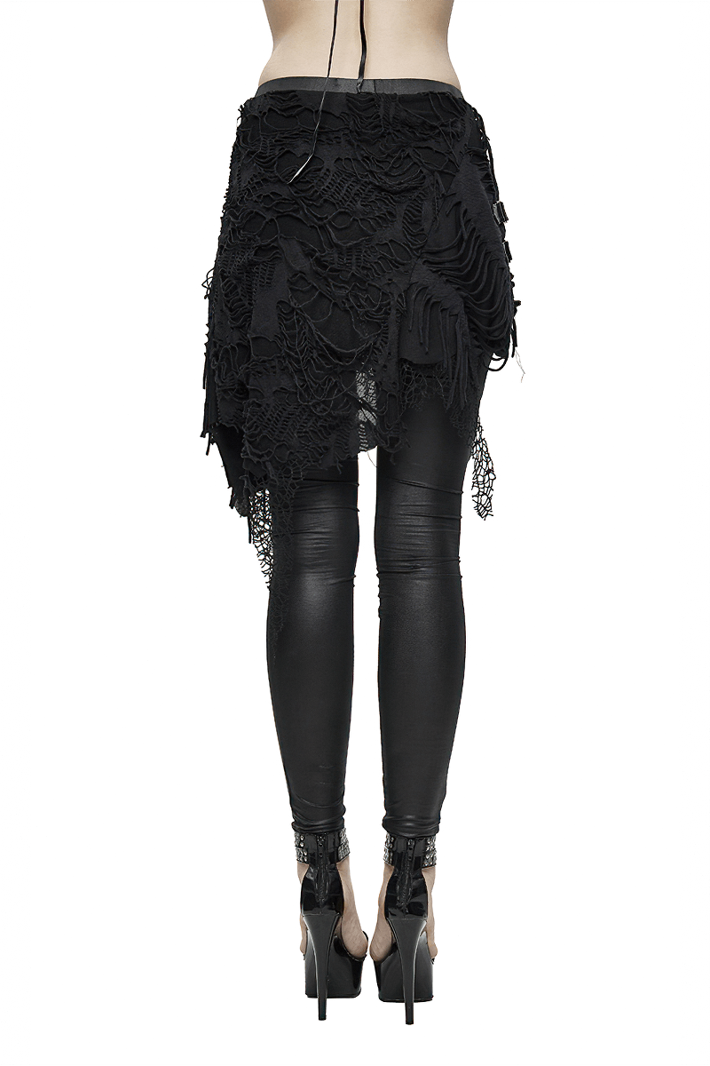 Back view of women's black leggings with torn asymmetrical skirt, showcasing gothic style and trendy layered design.