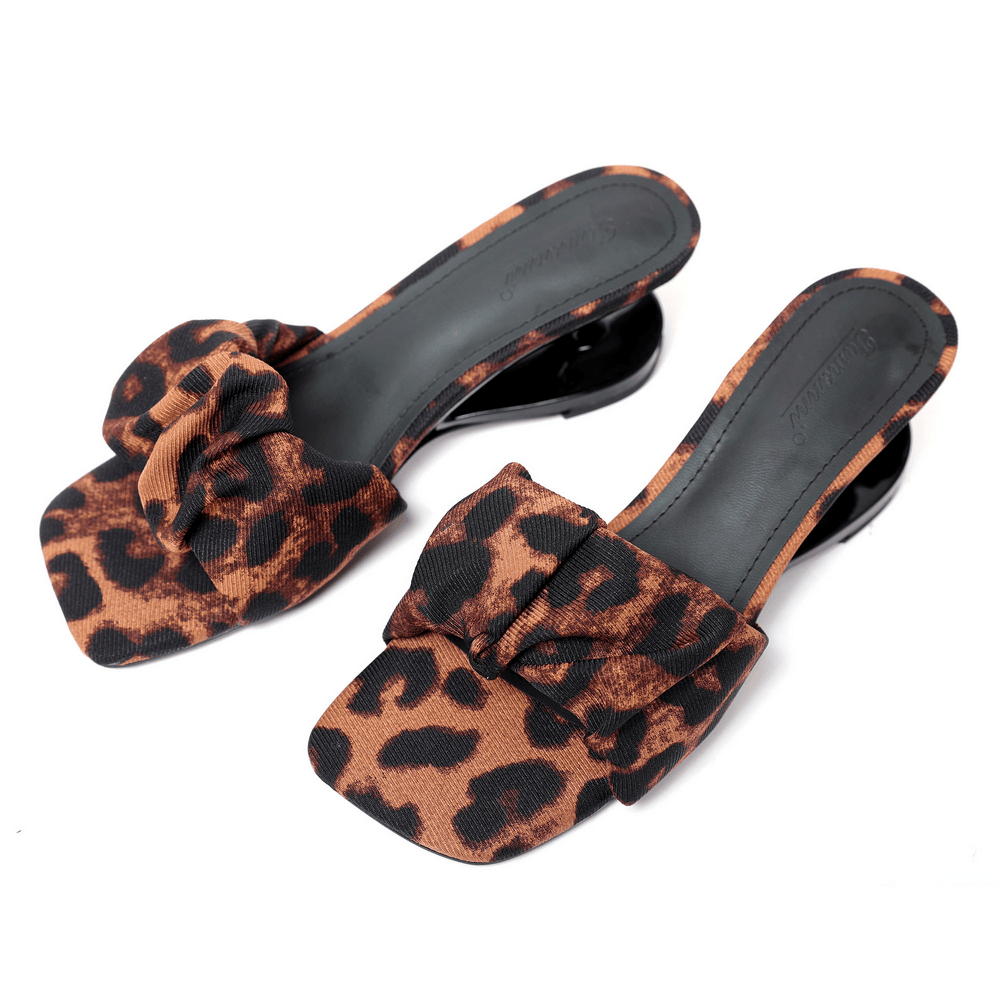 Women's Leopard Print Bow Sculptural Heel Slide Sandals