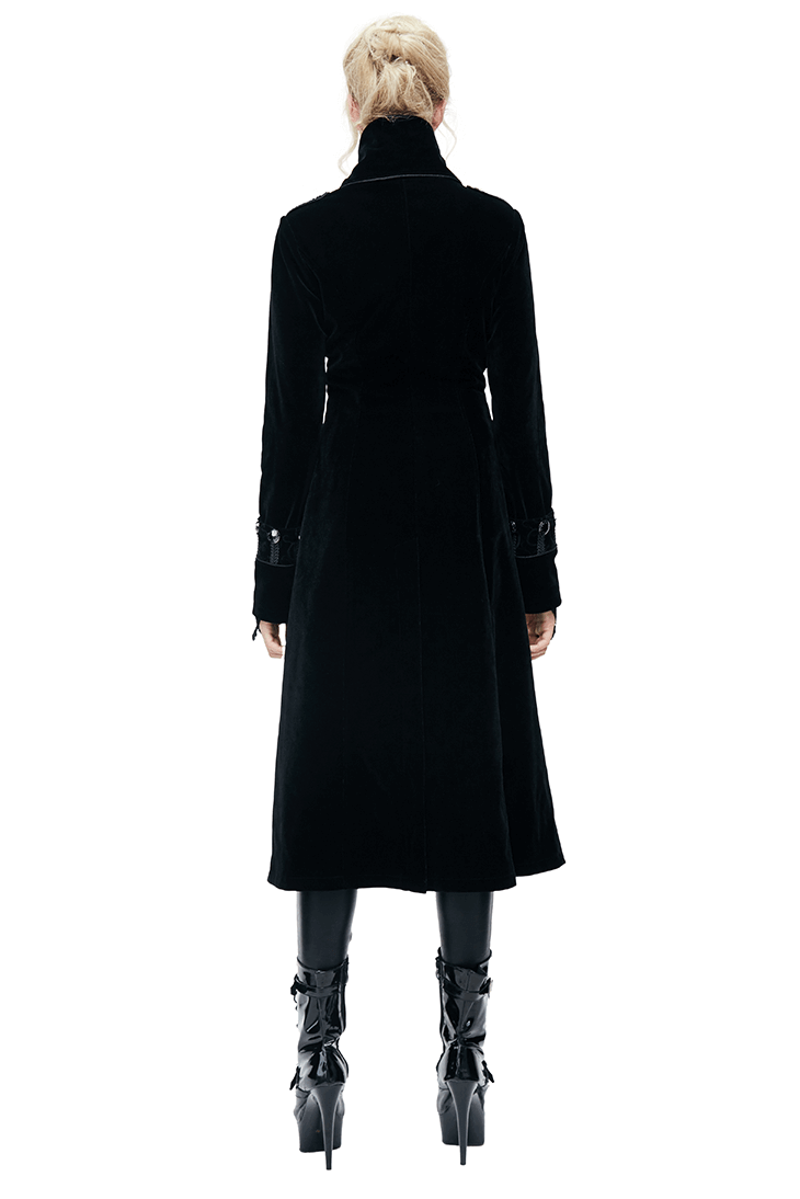 Back view of women's long black gothic coat with stand-collar and jacquard design, perfect for vintage fashion enthusiasts.