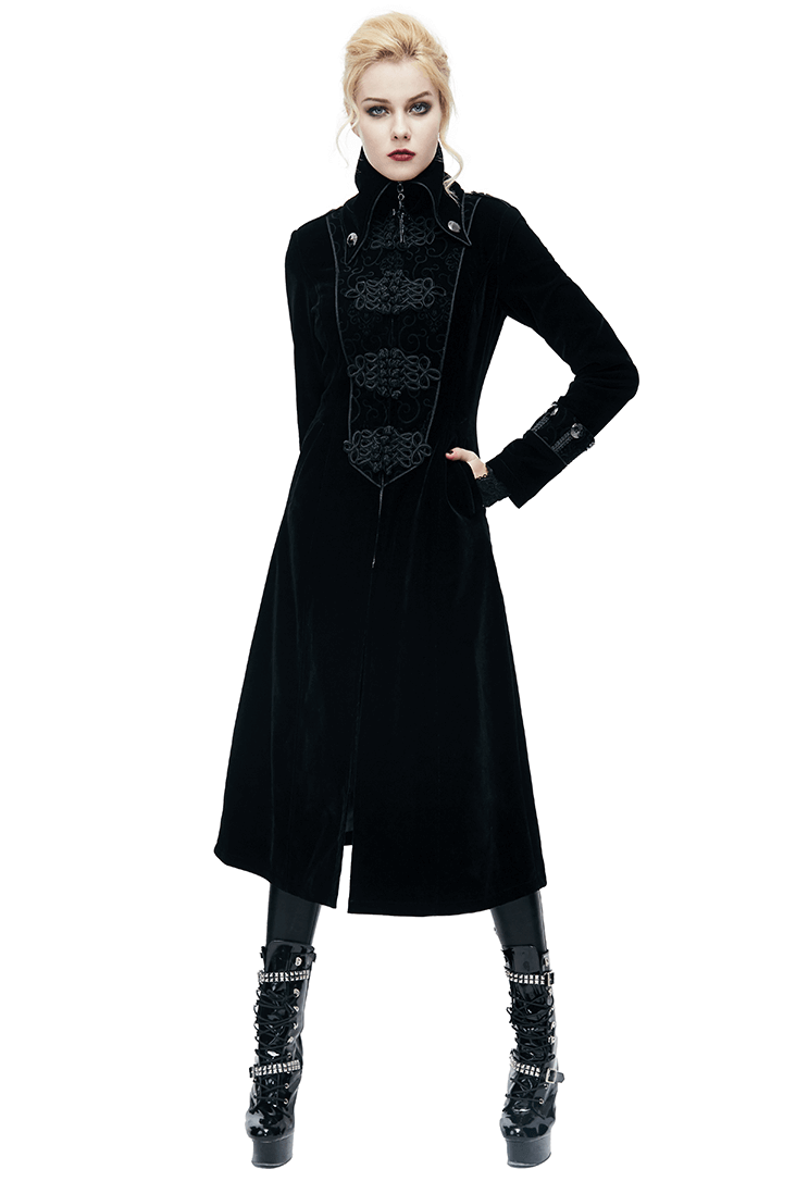 Women's long black gothic coat with stand-collar and jacquard detailing, perfect for vintage fashion lovers.