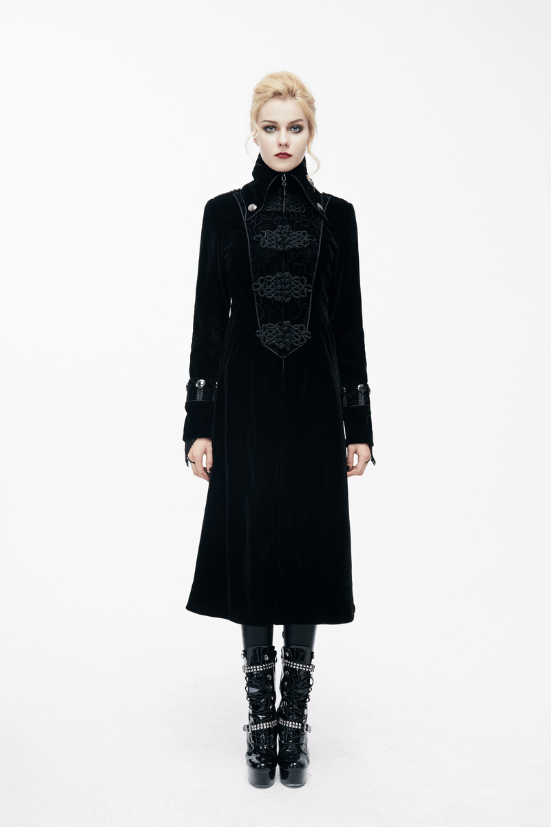 Women's long black gothic coat with stand-collar and jacquard design, perfect for a vintage-inspired look.