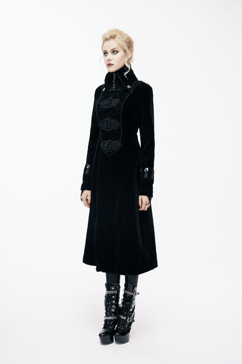 Women's long black gothic coat with stand-collar and jacquard details, perfect for vintage fashion lovers.