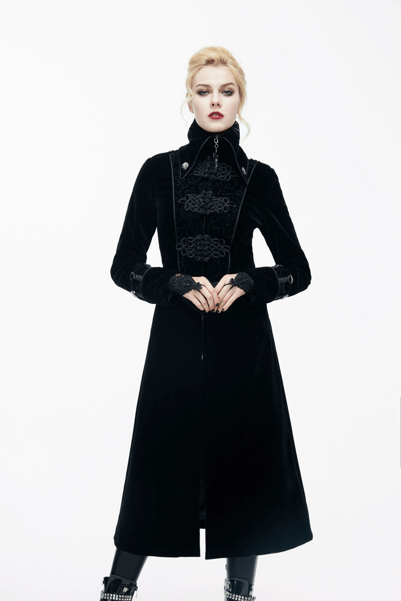 Elegant woman's long black gothic coat with stand-collar and intricate jacquard design, perfect for vintage fashion lovers.