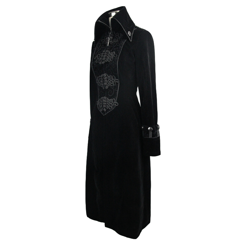 Elegant women's long black Gothic coat with stand-collar and jacquard detailing, perfect for vintage fashion lovers.