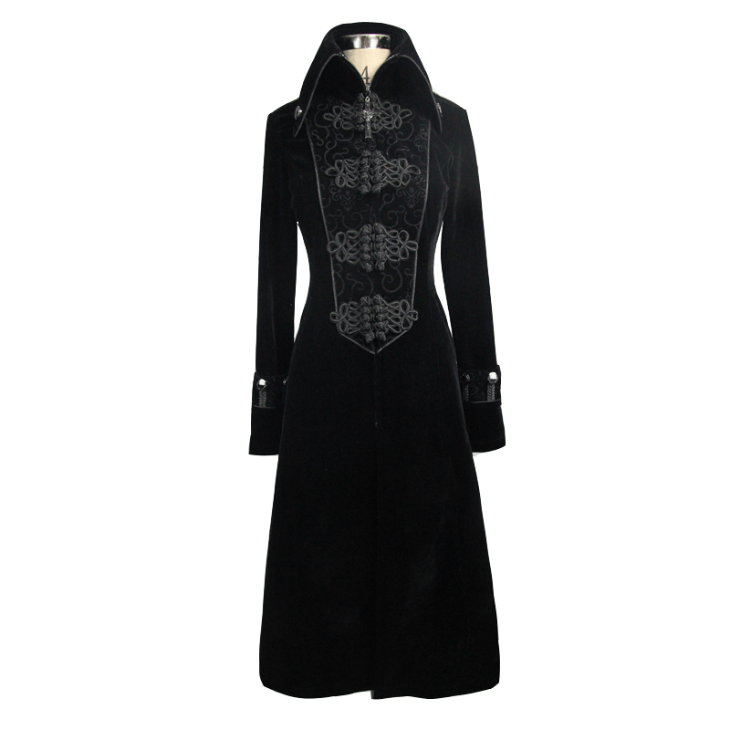 Women's long black gothic coat with stand-collar and jacquard detailing, perfect for a vintage-chic style.