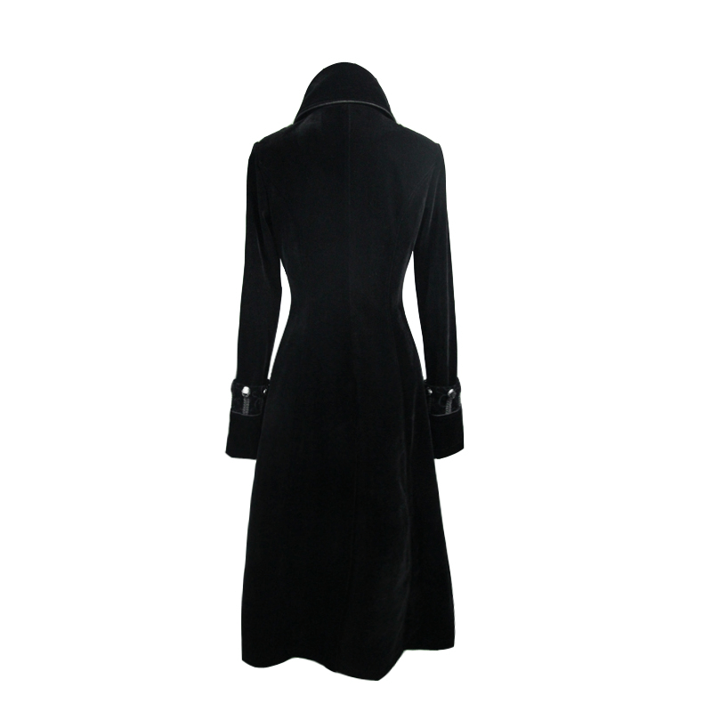 Stylish women's long black coat in gothic style, featuring a chic stand-collar and vintage design from the back.
