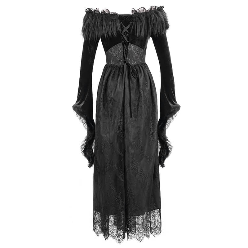 Back view of a women's long black gothic dress with flare sleeves and fur inserts, showcasing elegant velvet design.