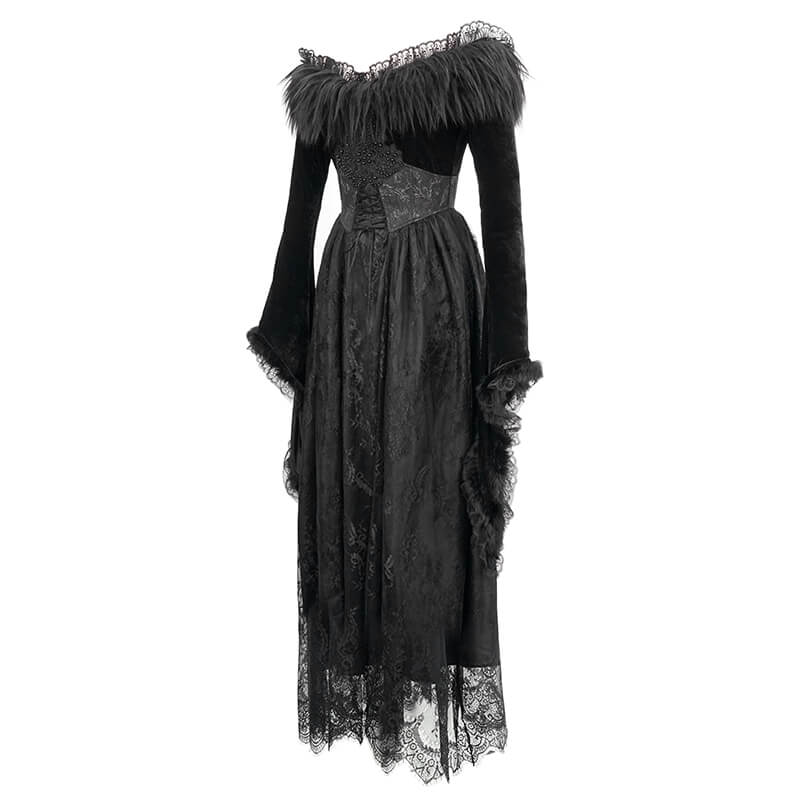 Elegant women's long black dress with flare sleeves and fur details, perfect for gothic style enthusiasts.