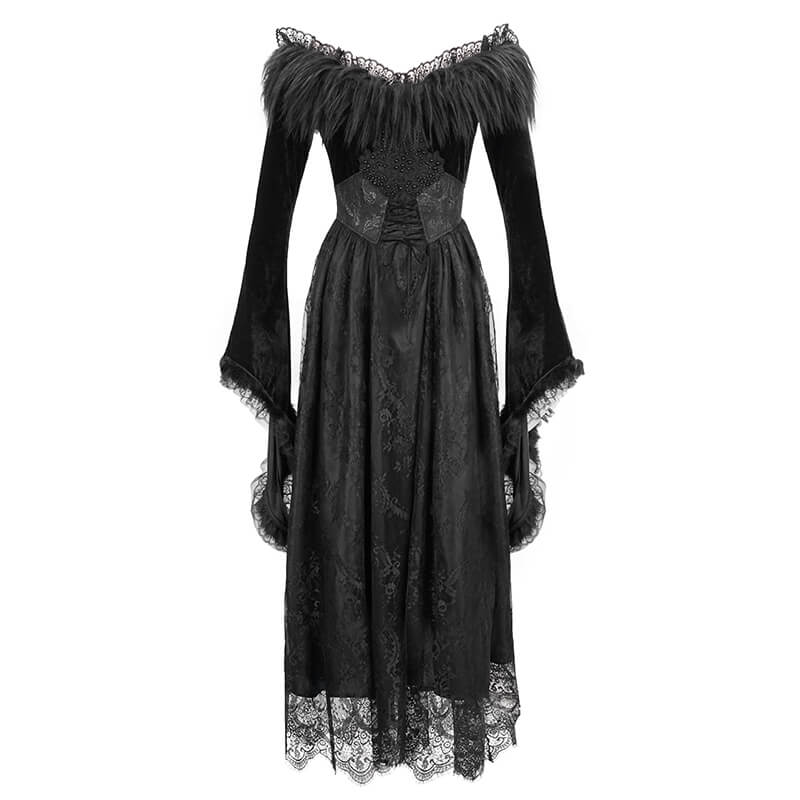 Elegant women's long black dress with flare sleeves and fur inserts, showcasing gothic style and vintage design.