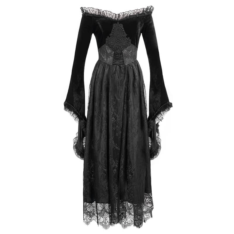 Elegant women's long black gothic dress with flare sleeves and fur inserts, perfect for a dramatic look.