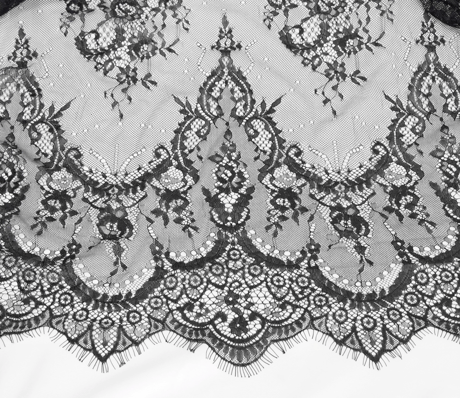 Elegant black lace detail showcasing intricate floral patterns and delicate fringes for gothic-inspired fashion designs.
