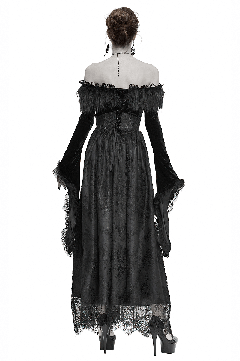Elegant women's long black gothic dress with flare sleeves and fur accents, showcasing a vintage off-shoulder design.