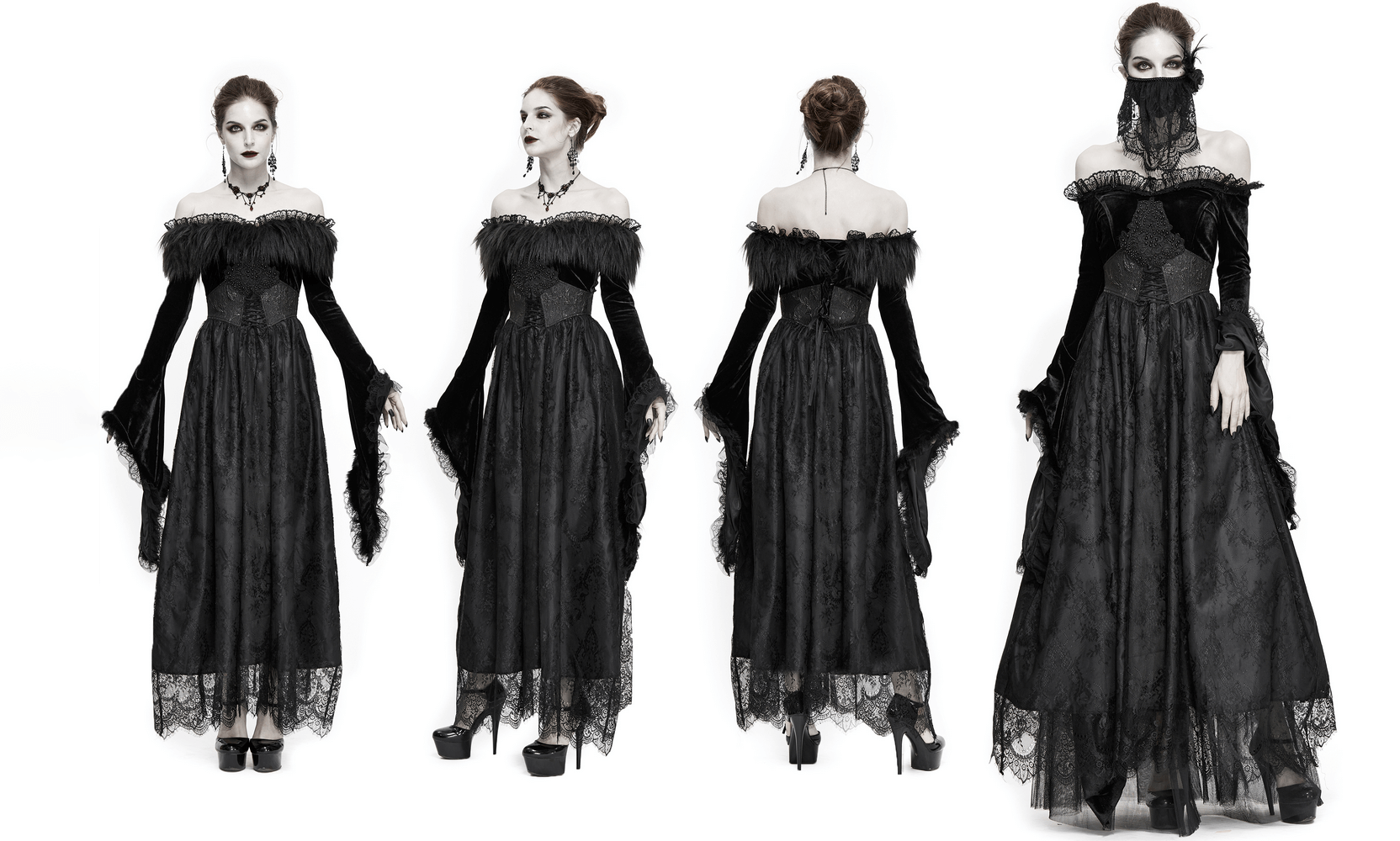 Elegant women's long black gothic dress with flare sleeves and off-shoulder design, featuring luxurious velvet and lace details.