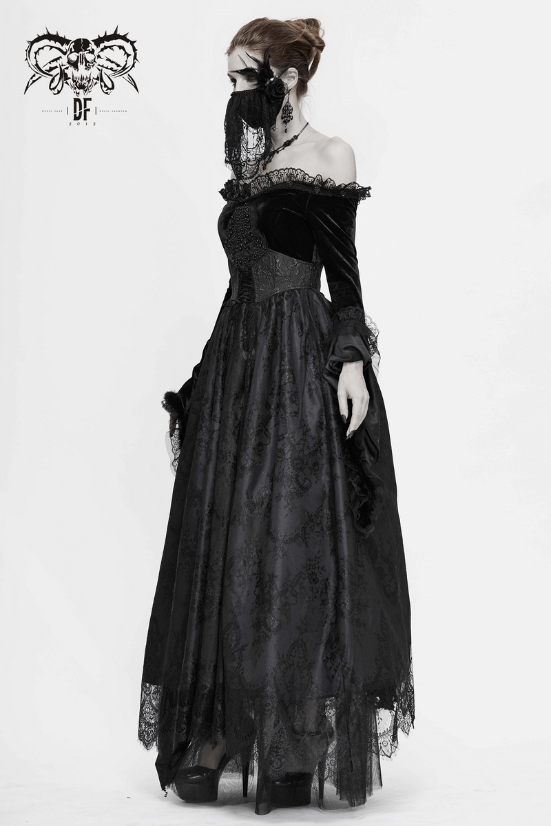 Elegant women's long black gothic dress with flare sleeves and lace detailing, perfect for a luxurious vintage look.