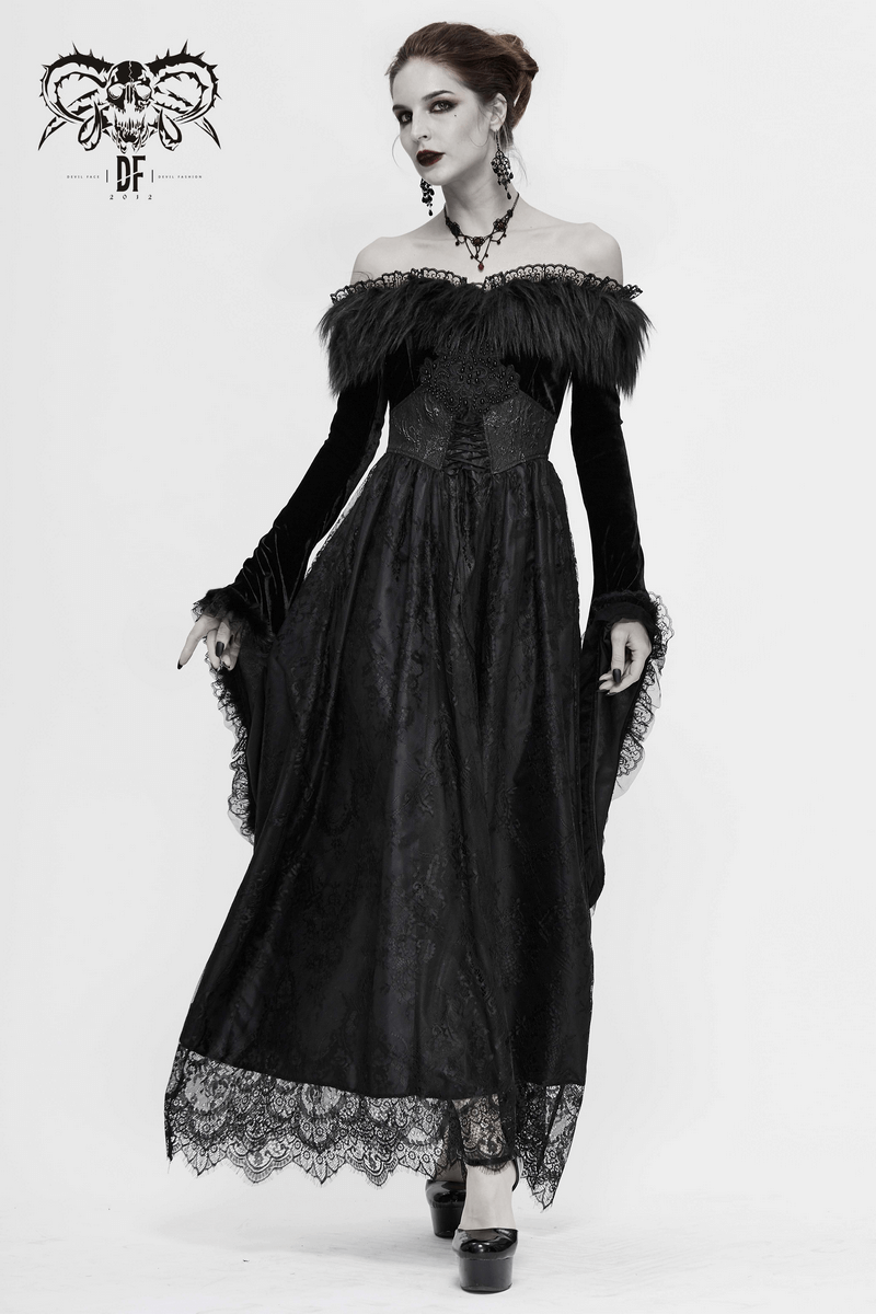 Elegant black gothic dress with flare sleeves and fur accents, perfect for a luxurious off-shoulder look.