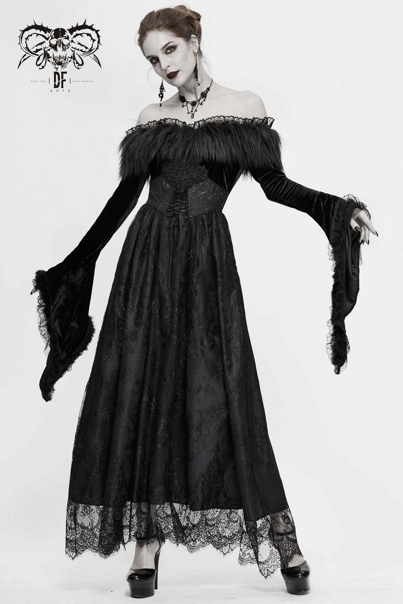 Elegant women's long black gothic dress with flare sleeves and fur details, perfect for a vintage look.