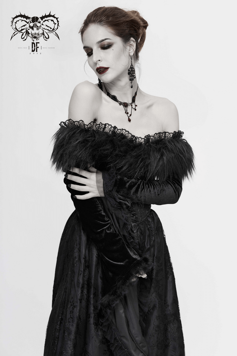 Woman in an elegant off-shoulder long black dress with fur sleeves and gothic accessories.