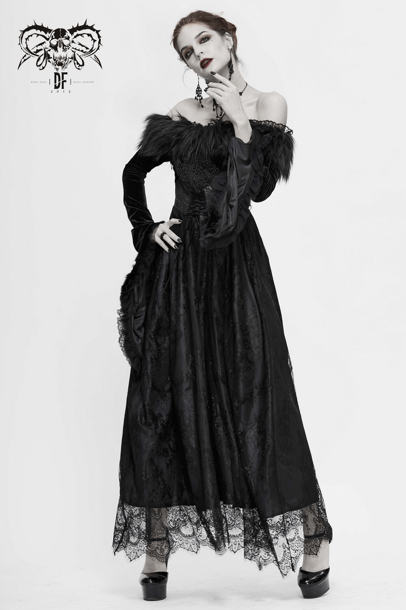 Elegant women's long gothic black dress with flare sleeves and fur details, perfect for a striking vintage look.