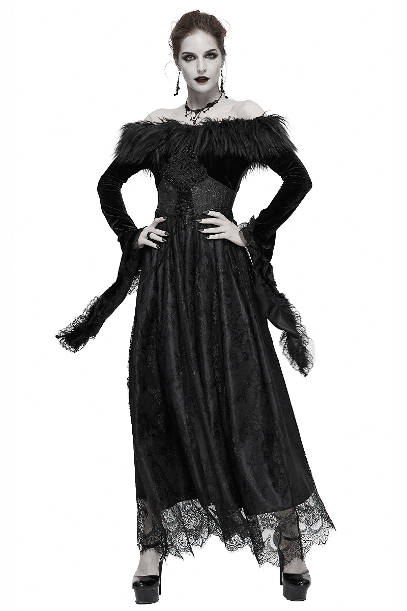 Elegant women's long black gothic dress with flare sleeves and fur inserts, perfect for a vintage-inspired look.