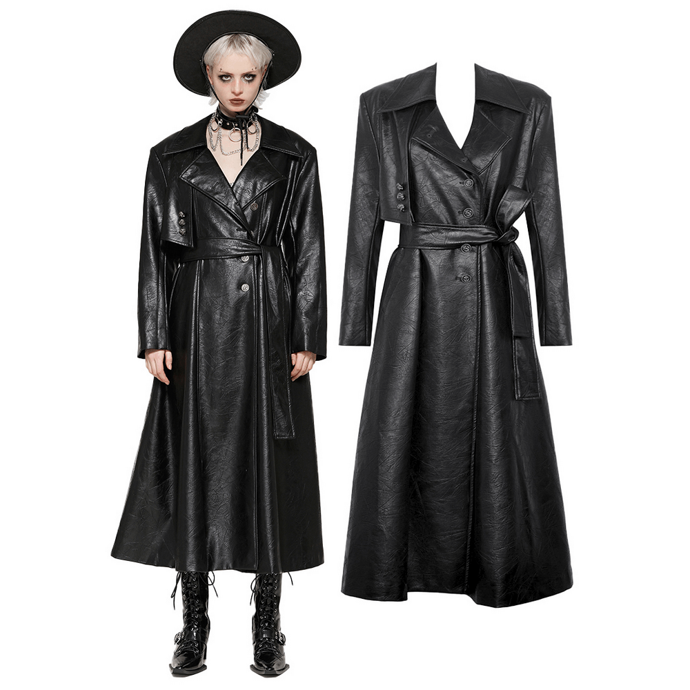 Women's long black faux leather trench coat with belted waist, featuring a sleek design and edgy appeal.