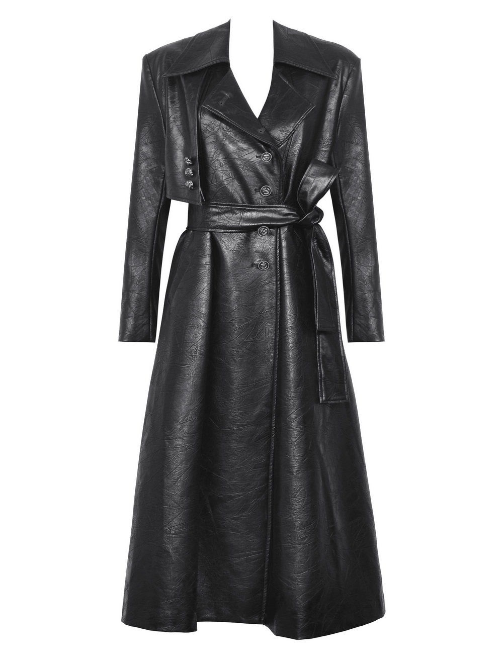 Women's black faux leather trench coat with belt and double-breasted design.