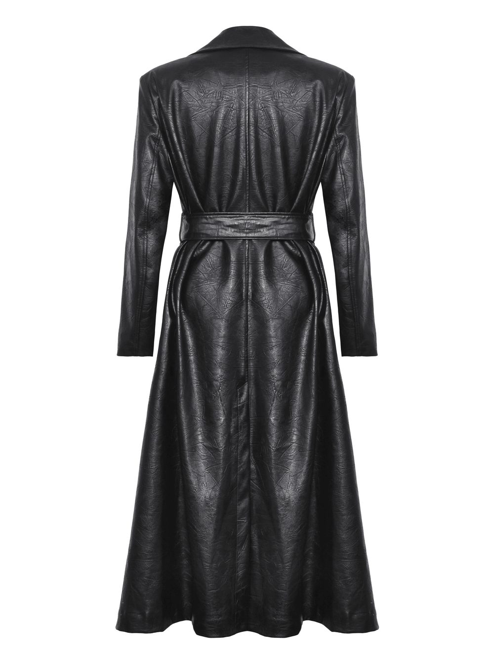 Back view of a women's long black faux leather trench coat with a belted waist and elegant full-length design.