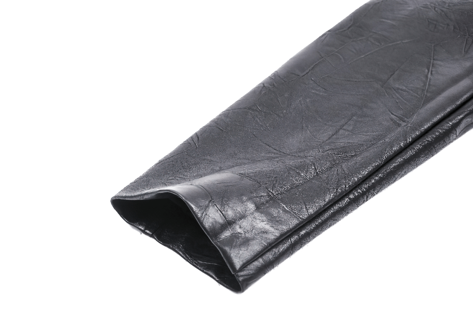 Close-up of the sleeve of a sleek black faux leather trench coat, showcasing its textured finish.