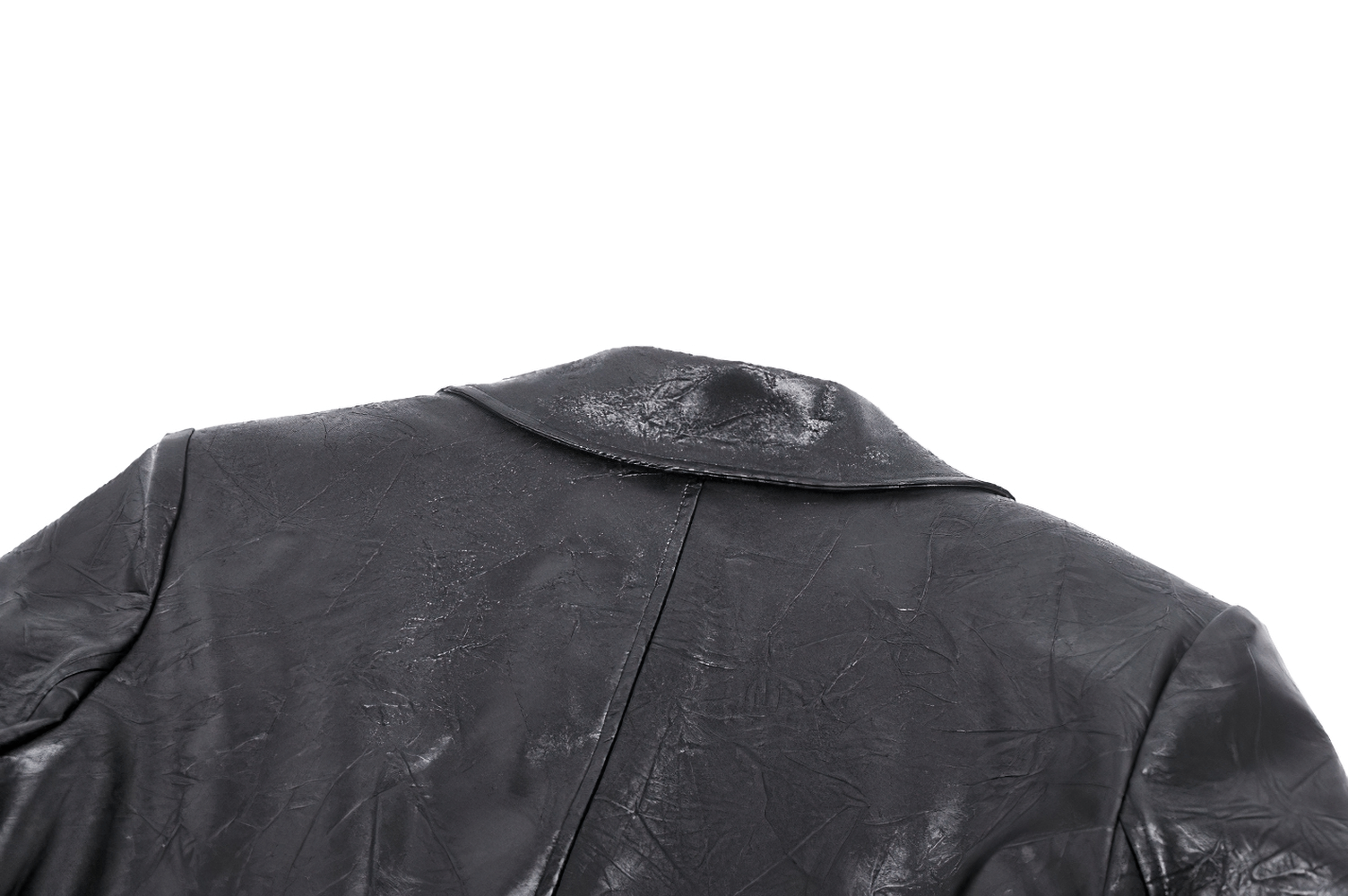 Back view of a women's black faux leather trench coat with a sleek lapel collar and textured finish.