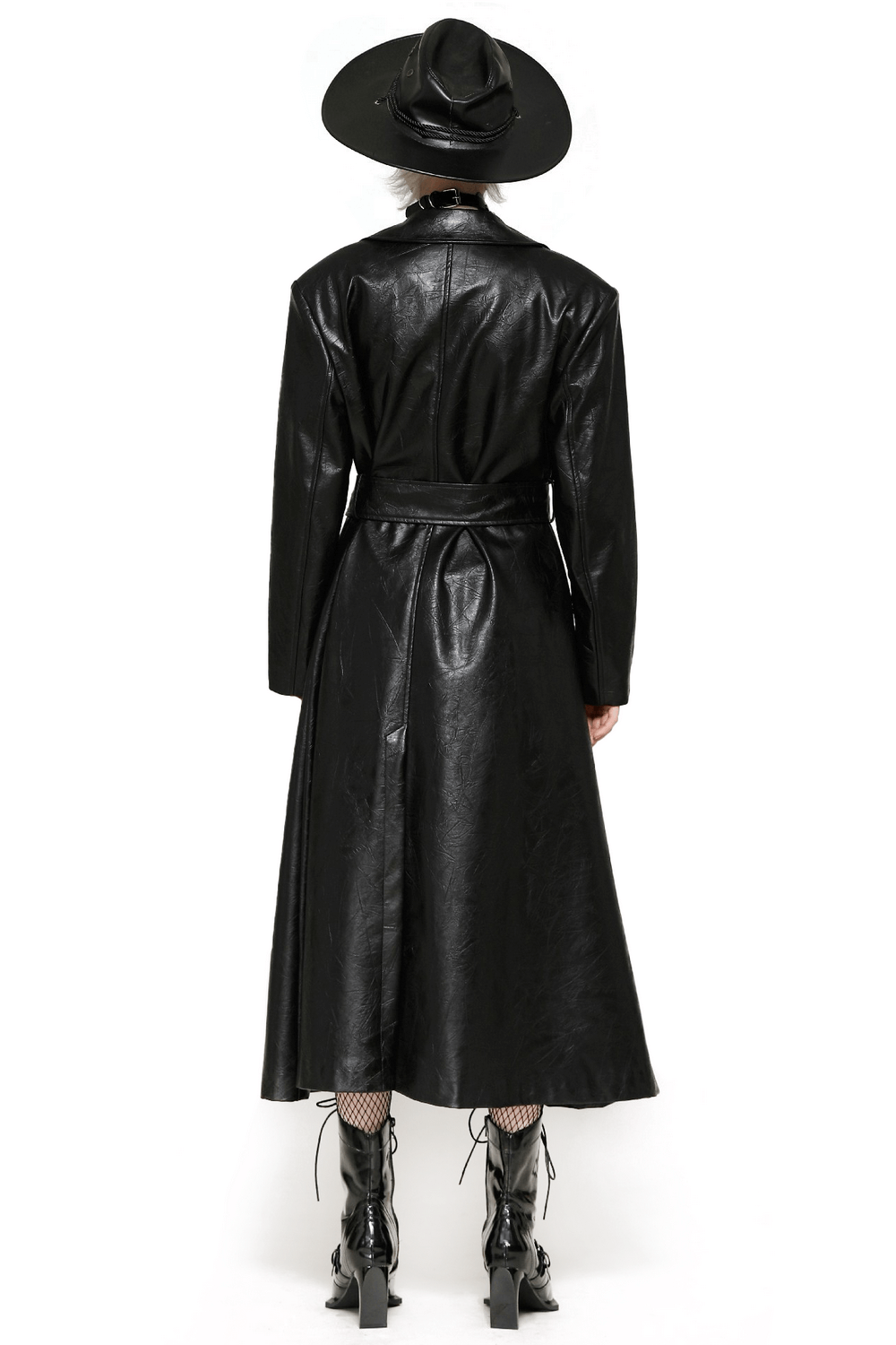 Woman wearing long black faux leather trench coat with belt and cowboy hat, showcasing chic full-length design from the back