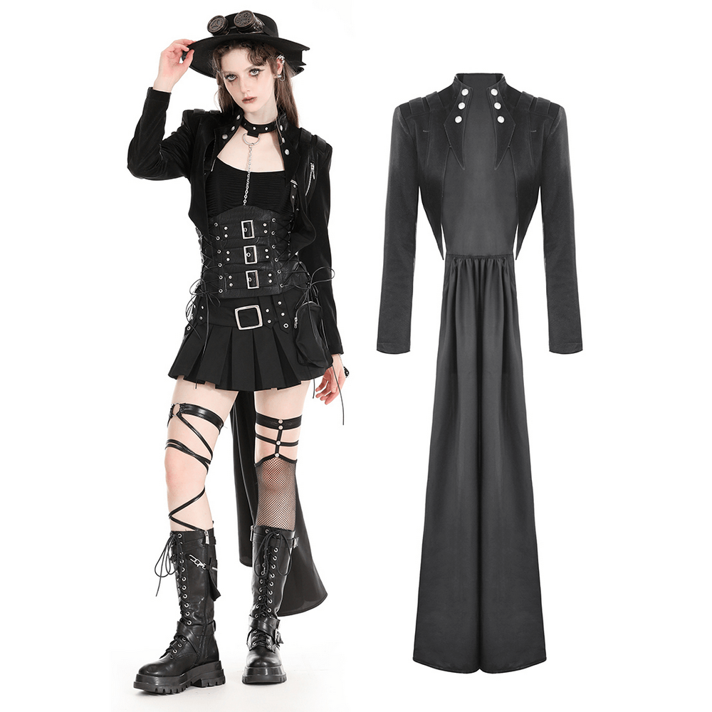 Gothic-inspired women's long black cape with laces and silver buttons, paired with edgy outfit