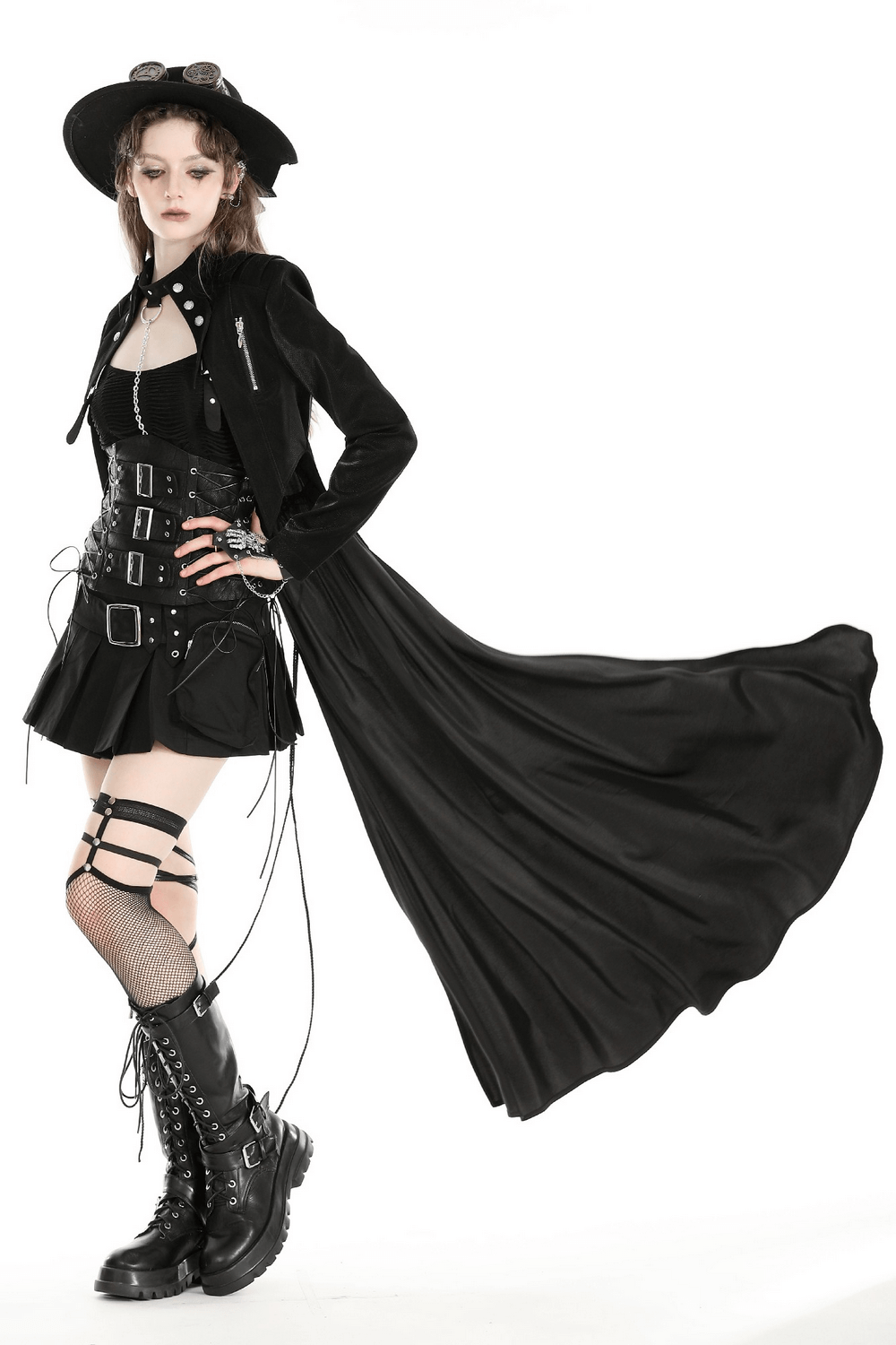 Women's Long Black Gothic-Inspired Cape with Laces Back