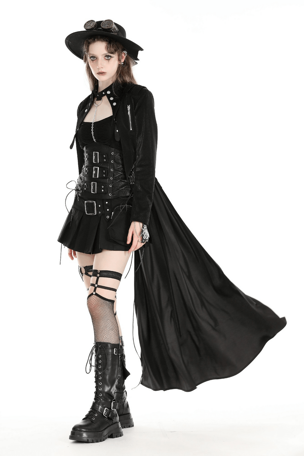 Women's long black gothic cape with laces, silver button details and edgy accessories for bold fashion statements.