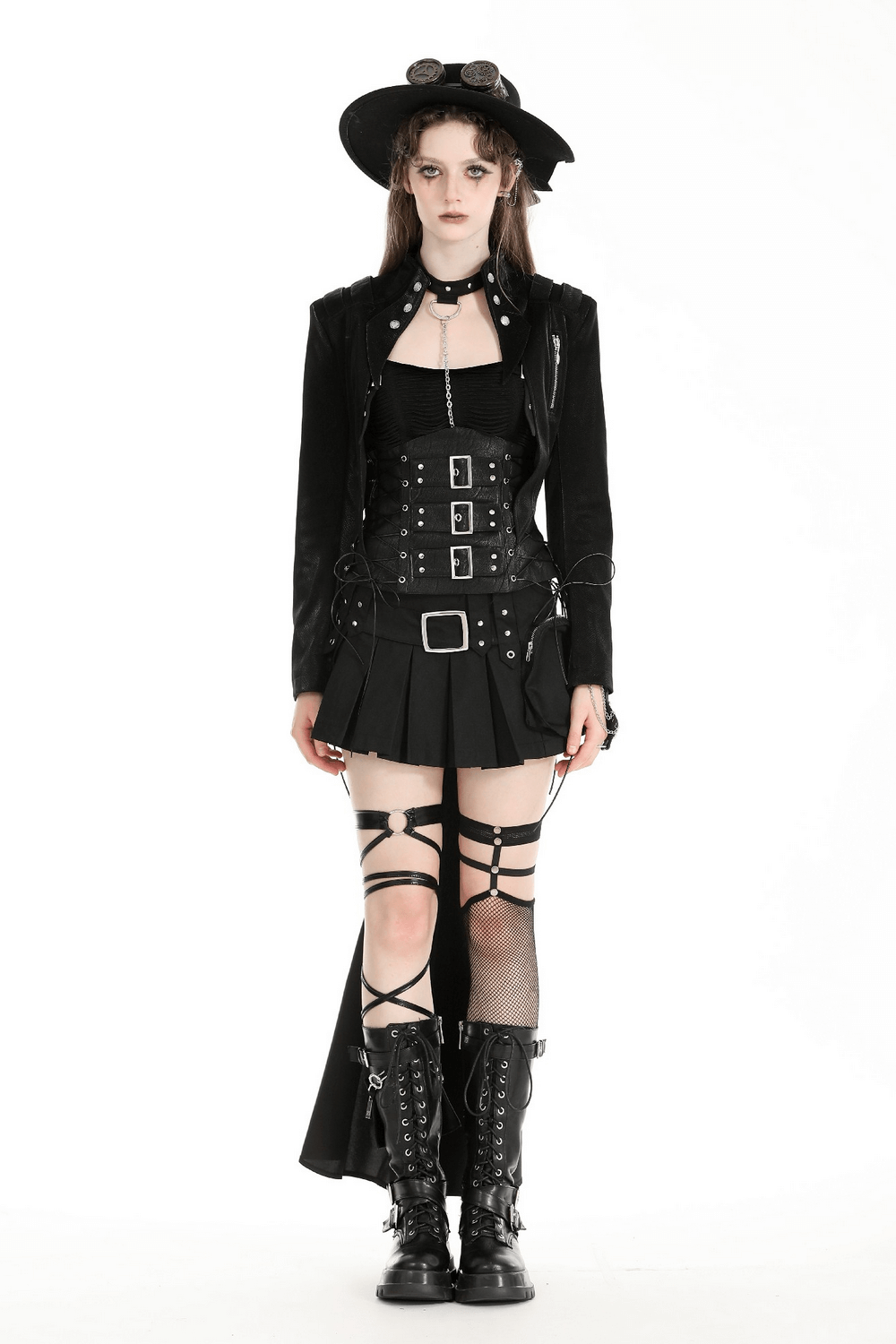 Gothic-inspired outfit featuring a black dress with belts, thigh-high boots, and a stylish hat.