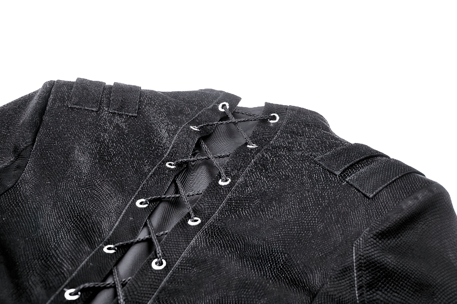 Close-up of the laced back detail on a sleek black gothic-inspired women's cape.