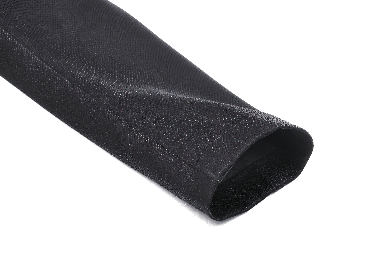 Close-up of the sleeve of a sleek black gothic-inspired cape with detailed texture.