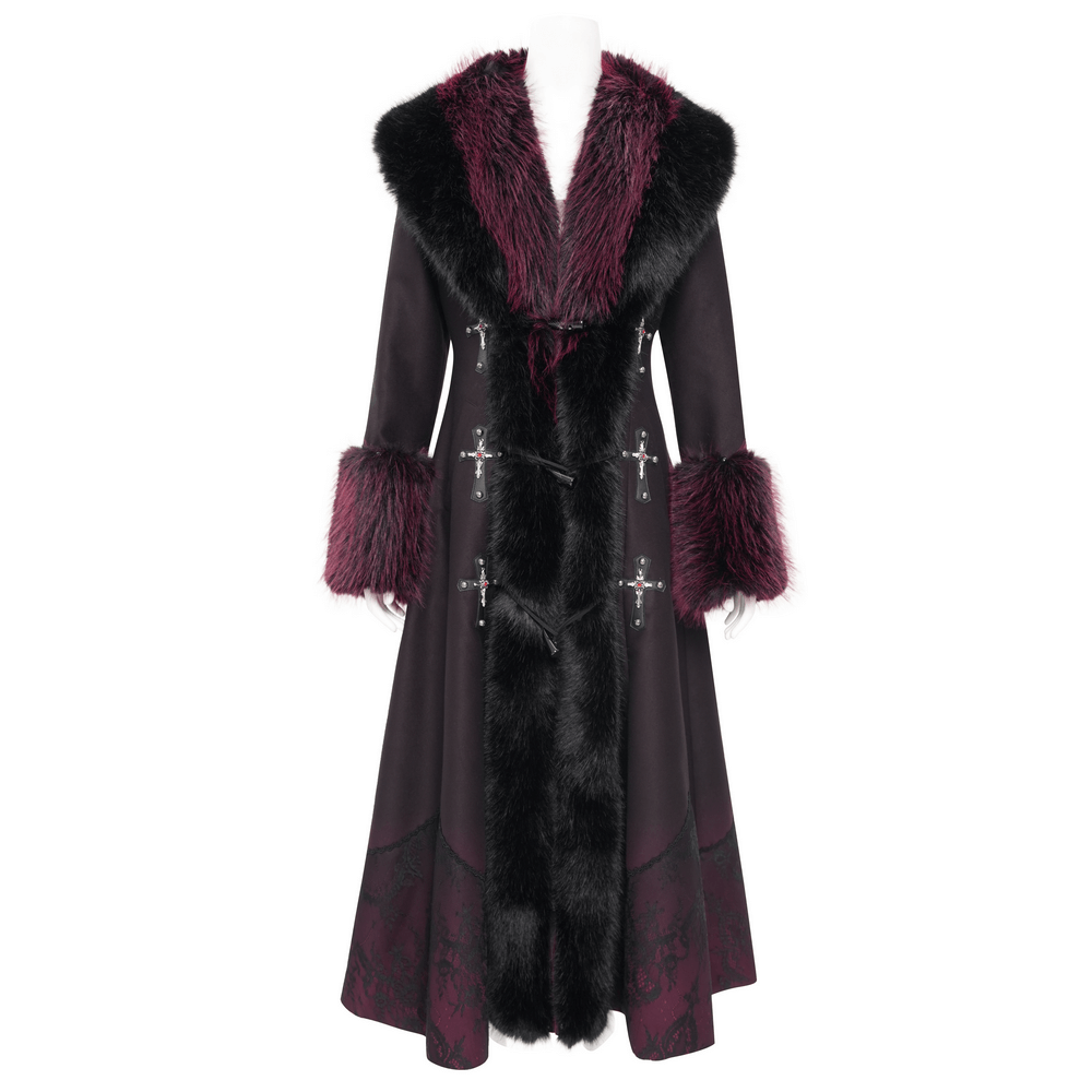 Women's gothic long coat with dark faux fur trim and silver cross buckles, A-line silhouette.