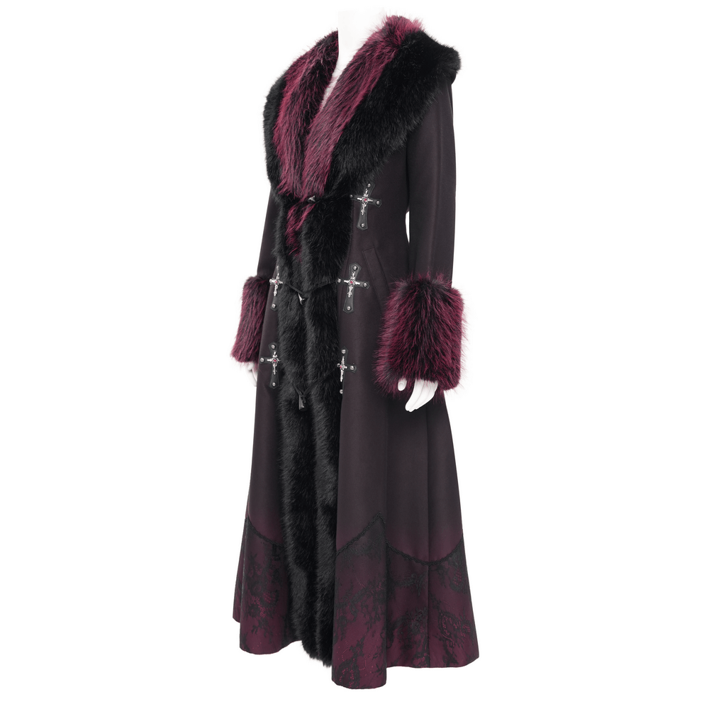 Dark gothic-inspired long coat with burgundy faux fur trim and silver cross buckles, perfect for adding elegance to your winter wardrobe.