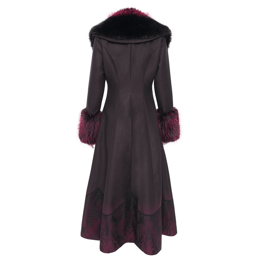 Gothic-inspired long coat with faux fur trim and cross buckles, showcasing dark elegance and A-line silhouette, back view.