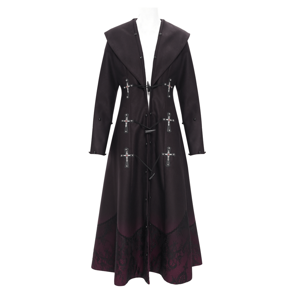 Women's gothic long coat with faux fur trim and silver cross buckles, dark A-line design ideal for winter fashion.